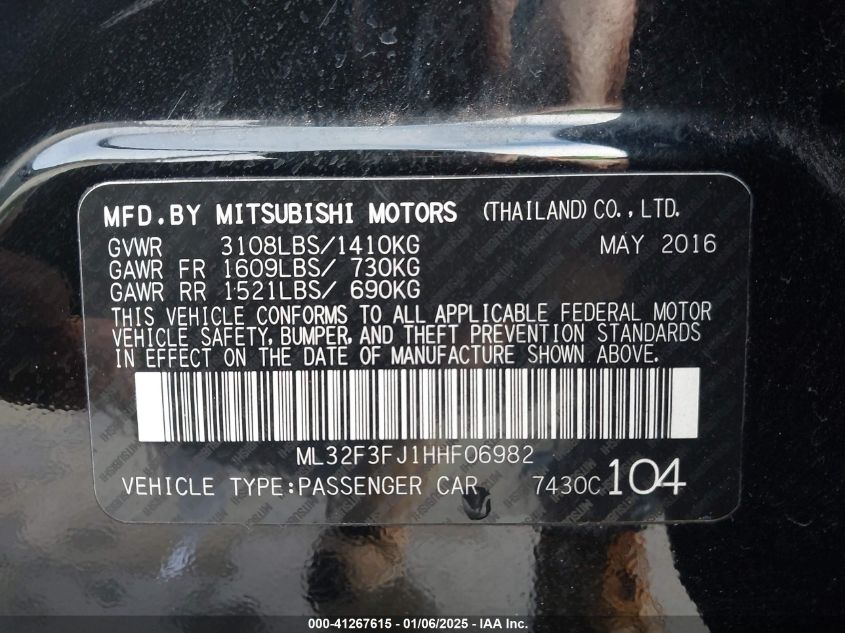 VIN ML32F3FJ1HHF06982 2017 Mitsubishi Mirage, G4 ES no.9