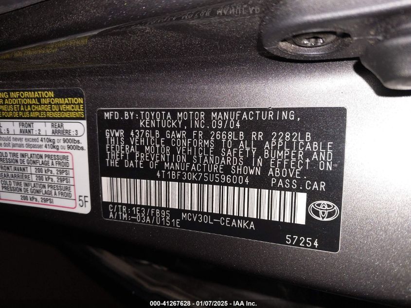 2005 Toyota Camry Le V6 VIN: 4T1BF30K75U596004 Lot: 41267628