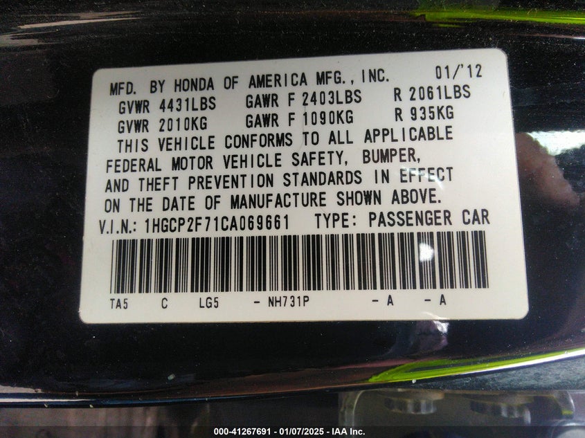 2012 HONDA ACCORD VIN: 1HGCP2F71CA069661