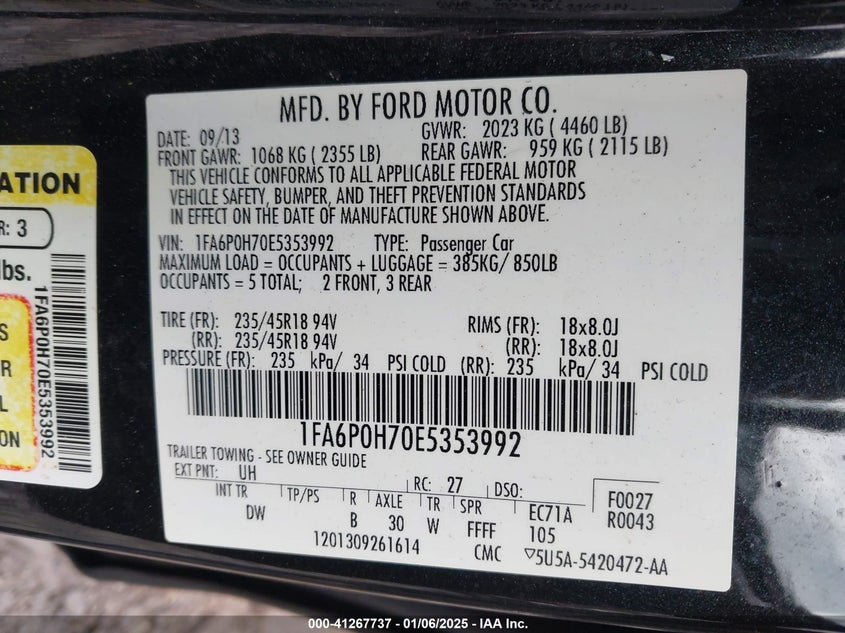 2014 FORD FUSION VIN: 1FA6P0H70E5353992