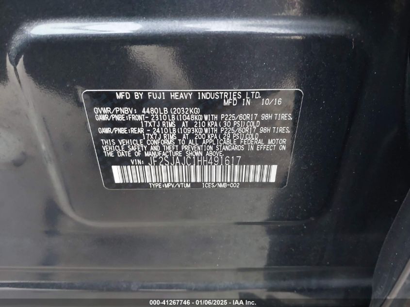 2017 Subaru Forester 2.5I Limited VIN: JF2SJAJC1HH49161 Lot: 41267746