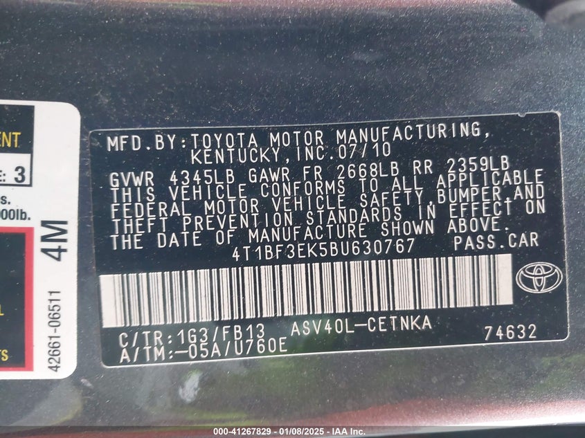 2011 TOYOTA CAMRY VIN: 4T1BF3EK5BU630767