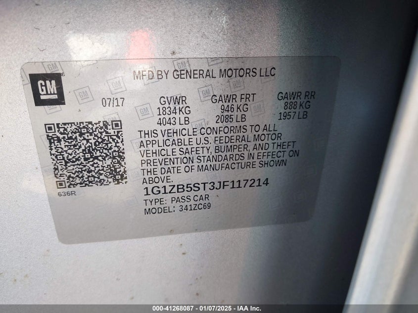 2018 CHEVROLET MALIBU VIN: 1G1ZB5ST3JF117214