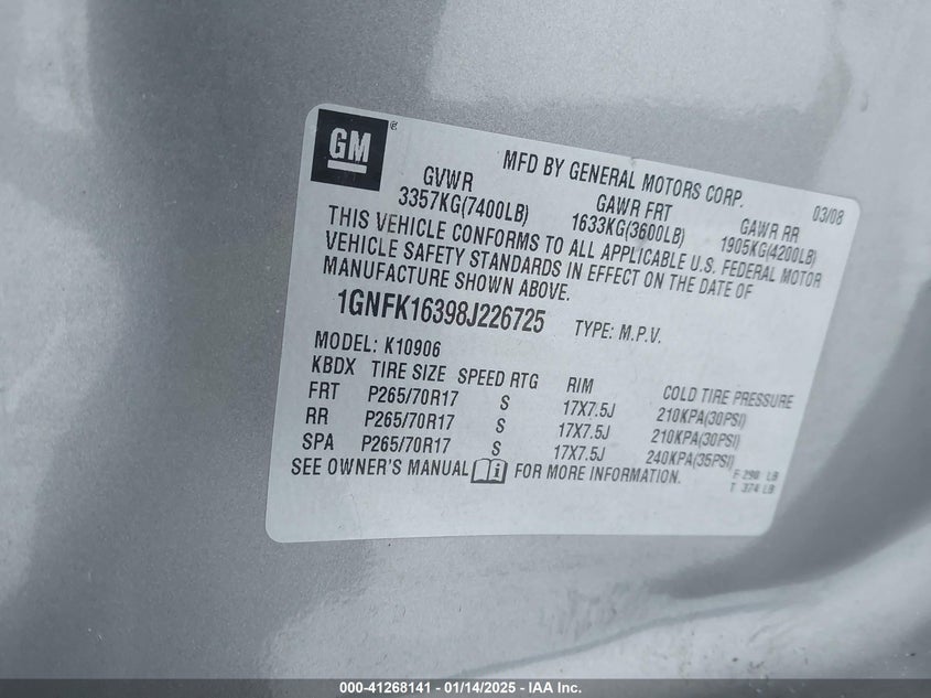 2008 CHEVROLET SUBURBAN VIN: 1GNFK16398J226725