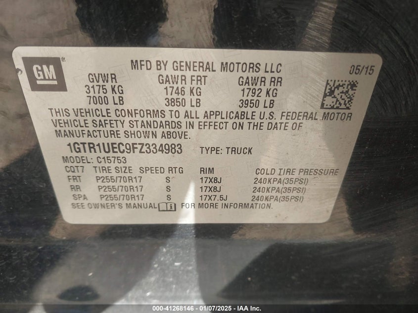 2015 GMC SIERRA 1500 VIN: 1GTR1UEC9FZ334983