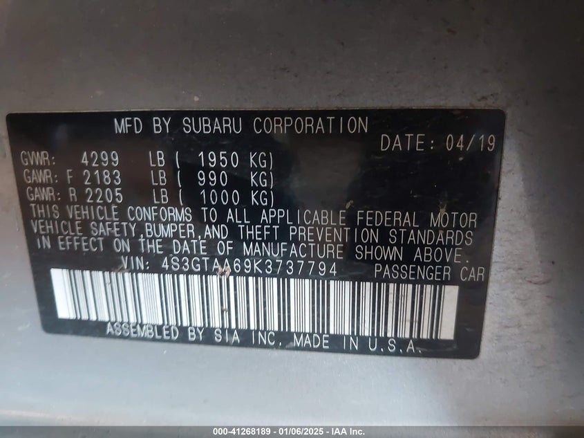 2019 SUBARU IMPREZA VIN: 4S3GTAA69K3737794