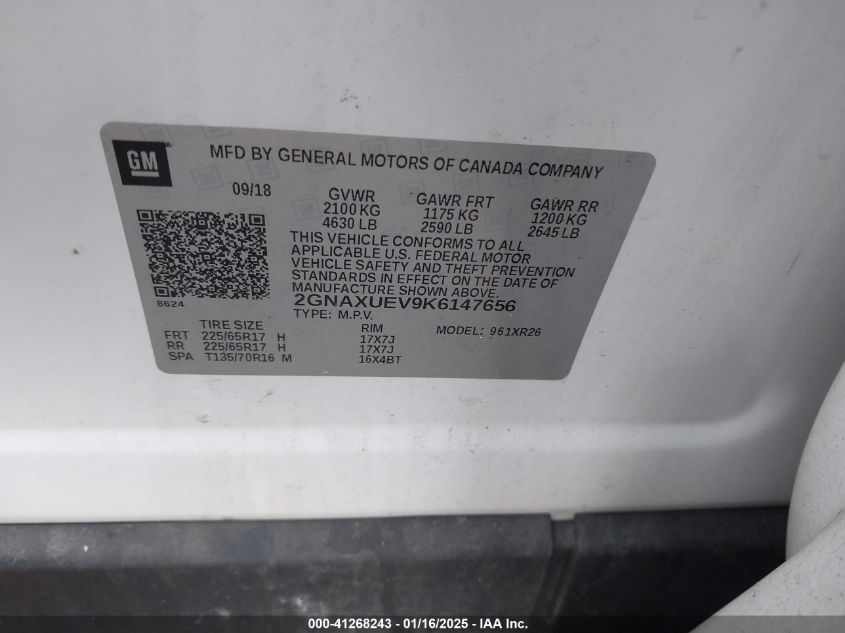 VIN 2GNAXUEV9K6147656 2019 CHEVROLET EQUINOX no.9