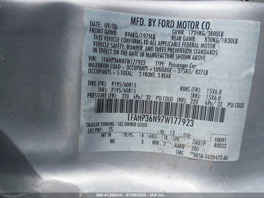 2007 FORD FOCUS VIN: 1FAHP36N97W177923