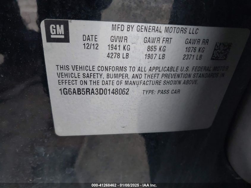 2013 CADILLAC ATS VIN: 1G6AB5RA3D0148062