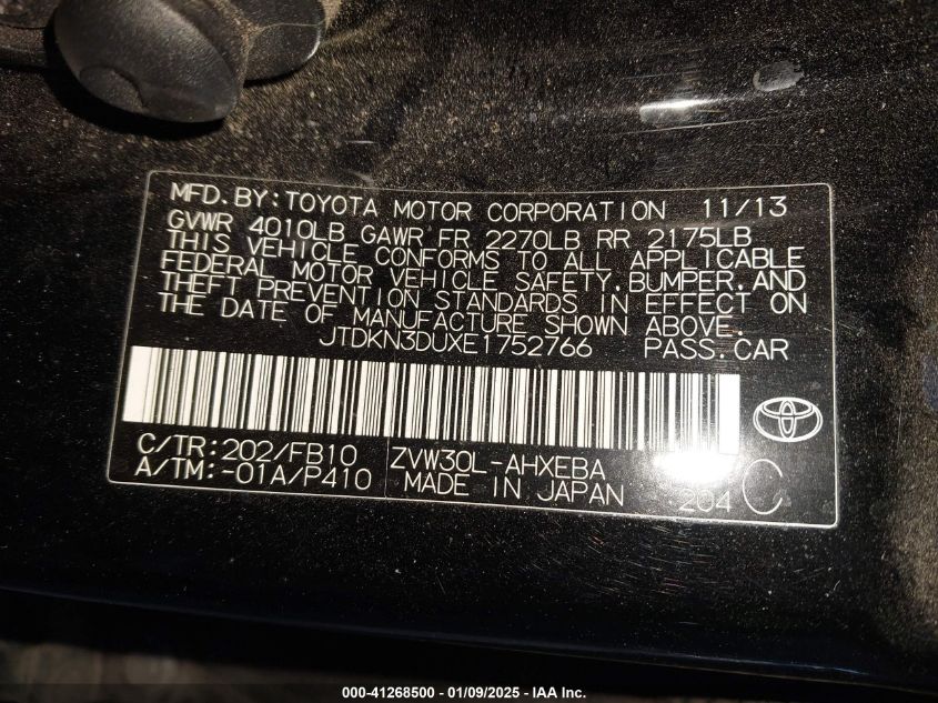 VIN JTDKN3DUXE1752766 2014 TOYOTA PRIUS no.9