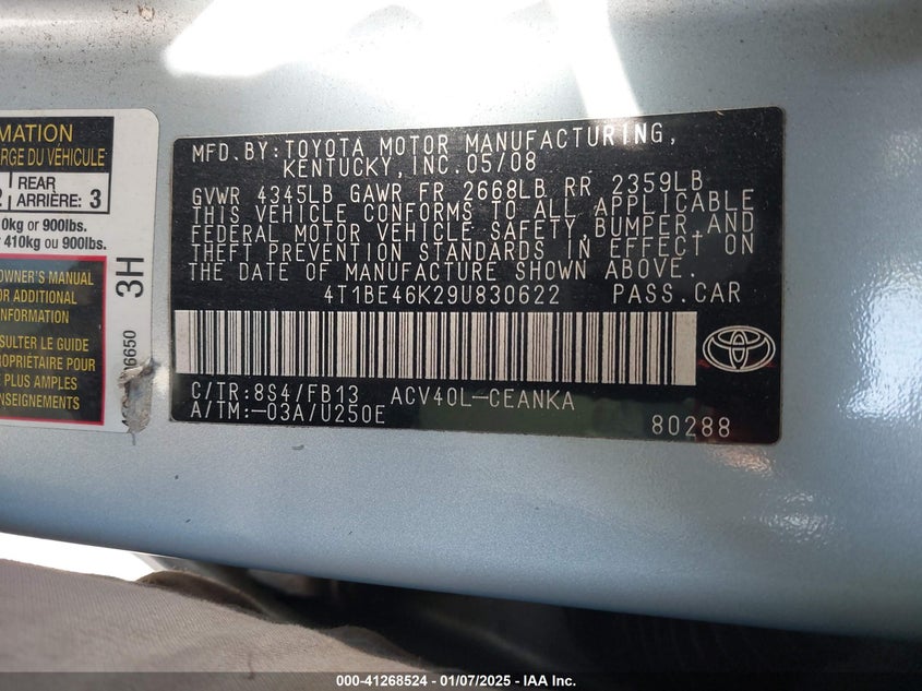 2009 TOYOTA CAMRY VIN: 4T1BE46K29U830622