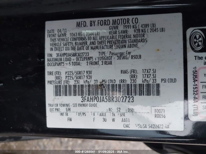 2011 FORD FUSION VIN: 3FAHP0JA5BR302723