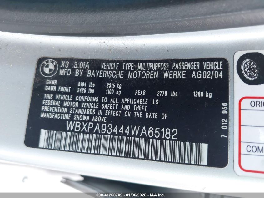 2004 BMW X3 3.0I VIN: WBXPA93444WA65182 Lot: 41268702