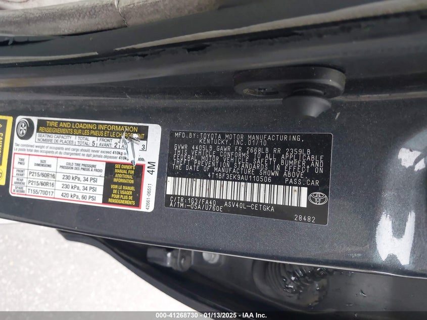 2010 TOYOTA CAMRY VIN: 4T1BF3EK9AU110506