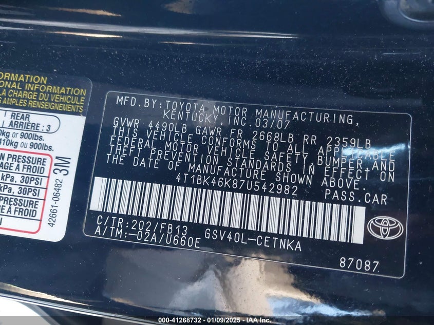 2007 Toyota Camry Le V6 VIN: 4T1BK46K87U542982 Lot: 41268732