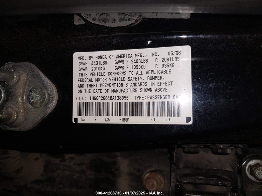 2008 HONDA ACCORD VIN: 1HGCP26848A138956