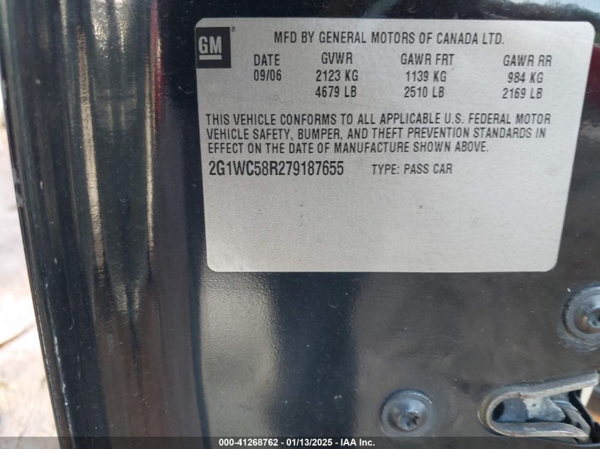2007 Chevrolet Impala Lt VIN: 2G1WC58R279187655 Lot: 41268762