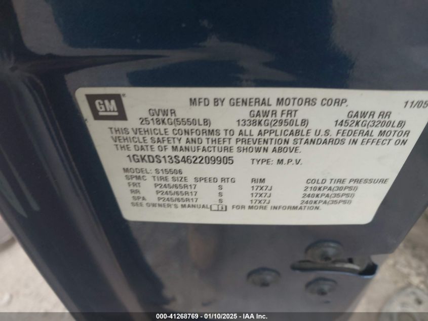 2006 GMC Envoy Sle VIN: 1GKDS13S462209905 Lot: 41268769