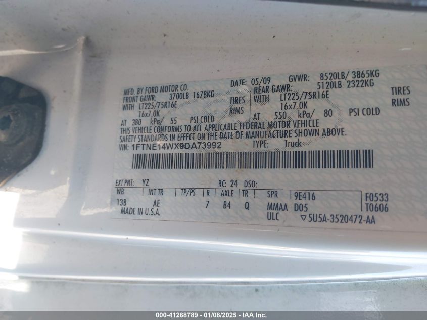 2009 Ford E-150 VIN: 1FTNE14WX9DA73992 Lot: 41268789