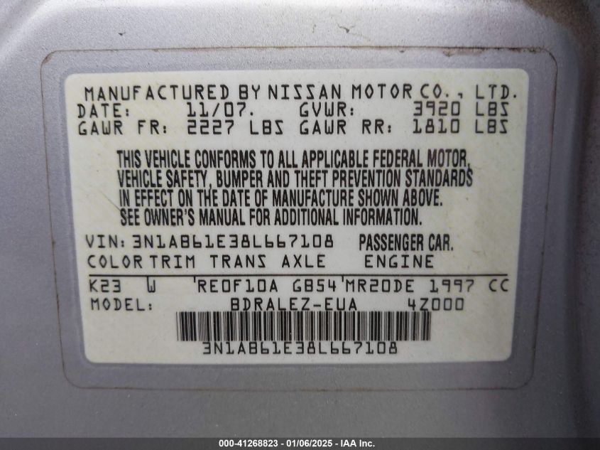 2008 Nissan Sentra 2.0S VIN: 3N1AB61E38L667108 Lot: 41268823