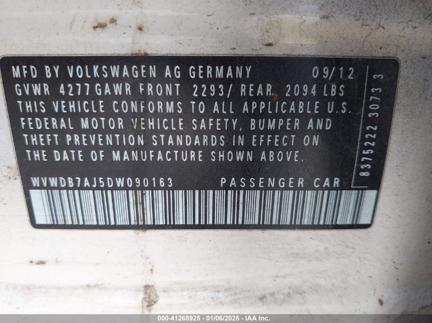 VIN WVWDB7AJ5DW090163 2013 Volkswagen Golf, 2.5L 4-... no.9