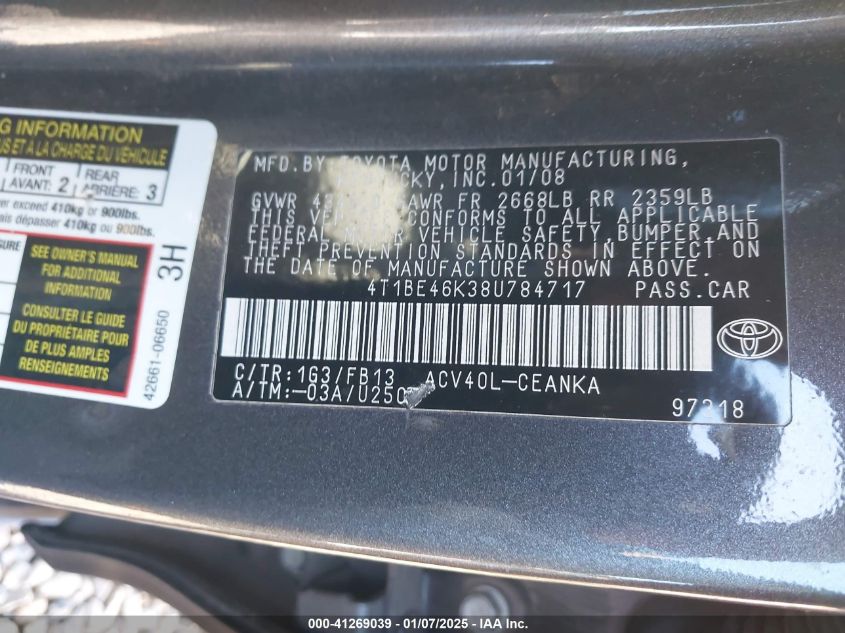 2008 Toyota Camry Le VIN: 4T1BE46K38U784717 Lot: 41269039