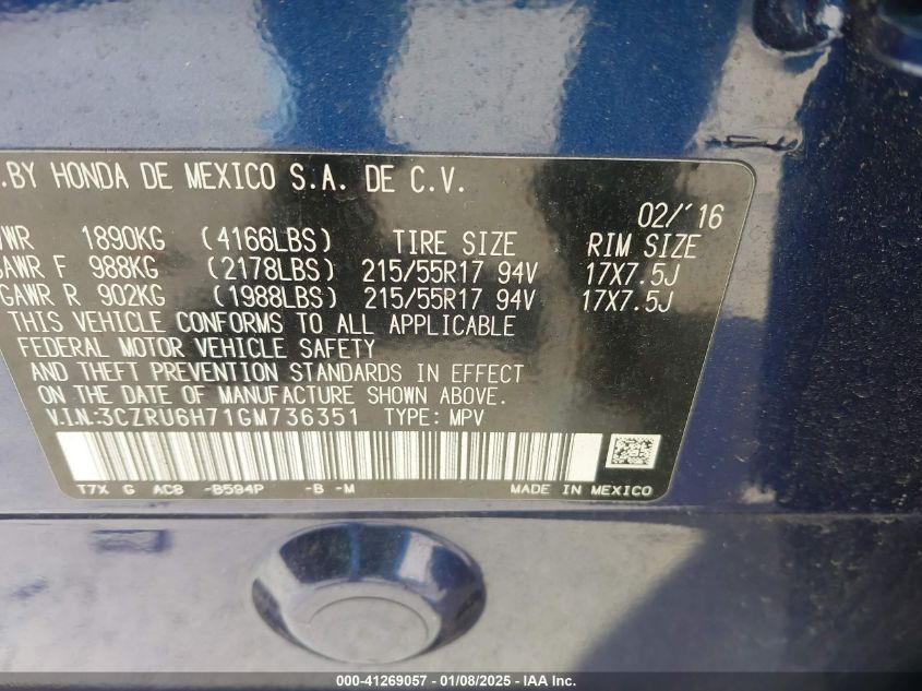 VIN 3CZRU6H71GM736351 2016 Honda HR-V, Ex-L no.9