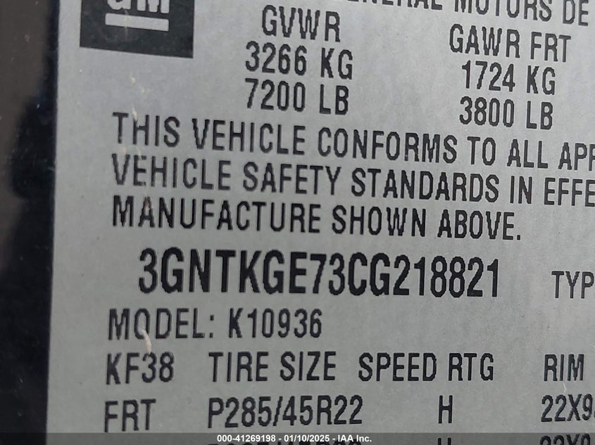 2012 CHEVROLET AVALANCHE 1500 VIN: 3GNTKGE73CG218821