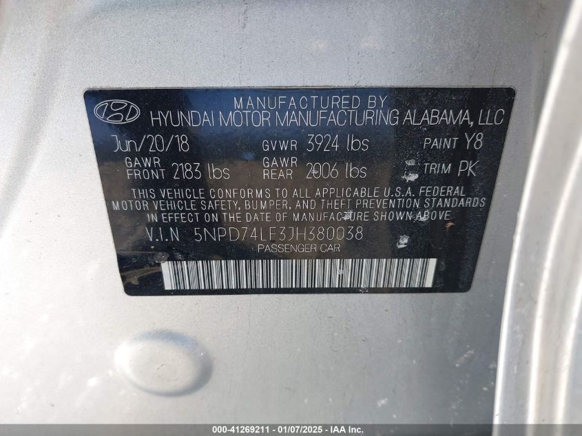 VIN 5NPD74LF3JH380038 2018 HYUNDAI ELANTRA no.9