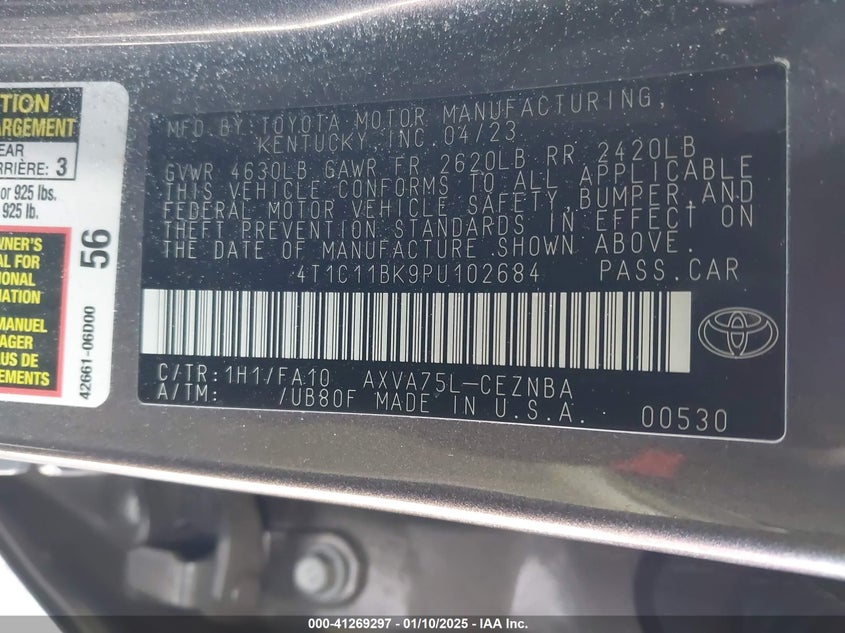 2023 TOYOTA CAMRY VIN: 4T1C11BK9PU102684