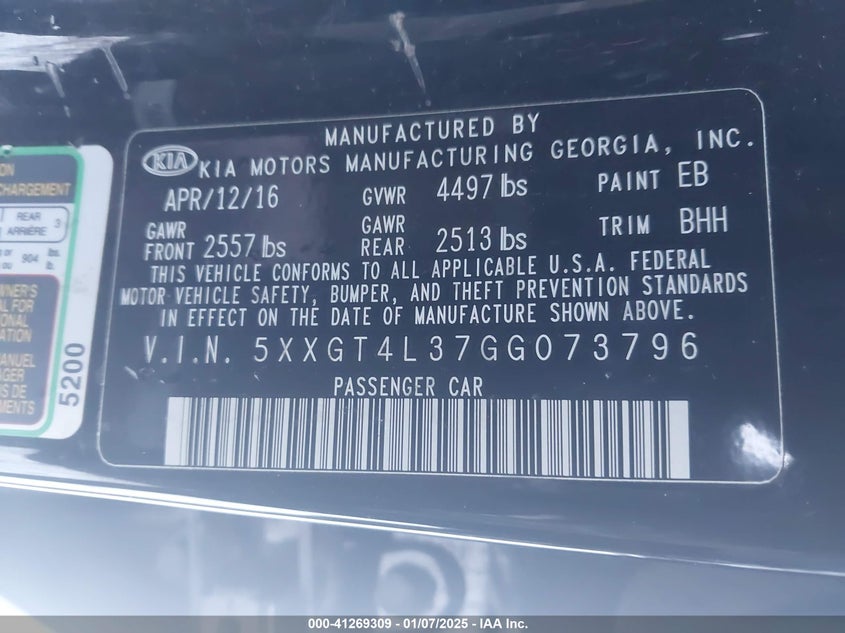 2016 KIA OPTIMA VIN: 5XXGT4L37GG073796