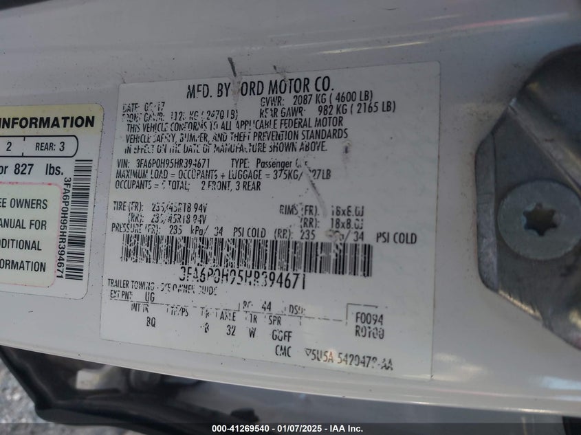 2017 FORD FUSION VIN: 3FA6P0H95HR394671