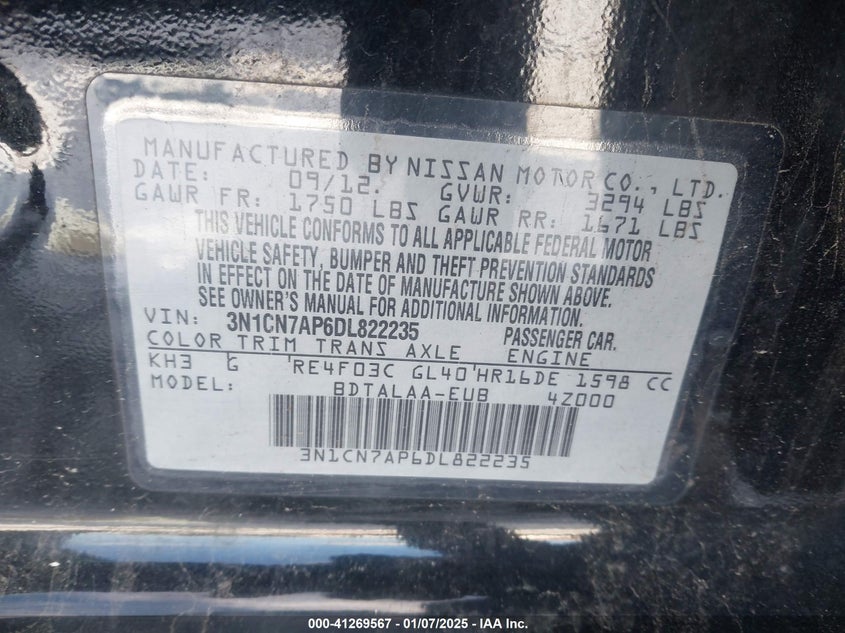 2013 NISSAN VERSA VIN: 3N1CN7AP6DL822235