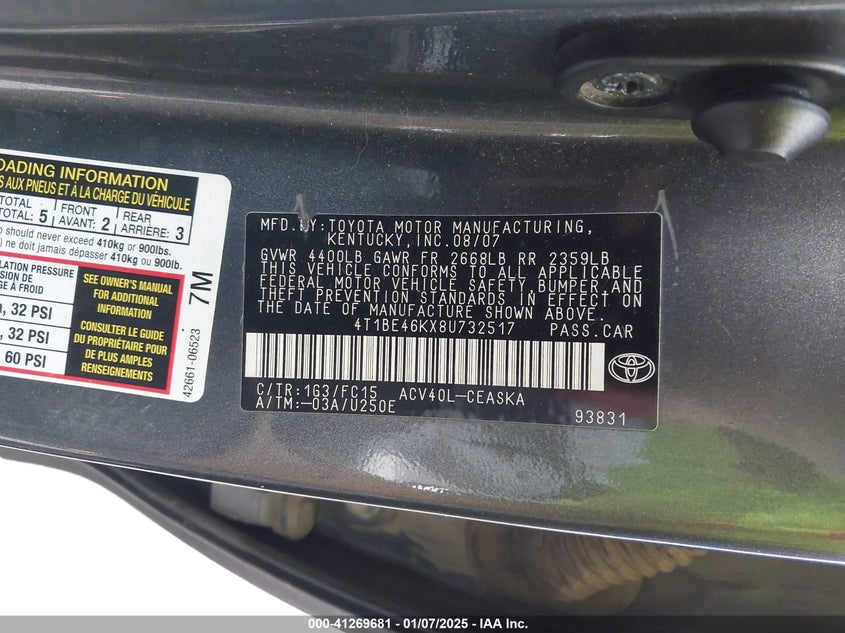 2008 TOYOTA CAMRY VIN: 4T1BE46KX8U732517