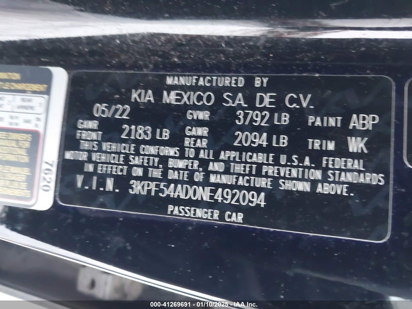 2022 KIA FORTE VIN: 3KPF54AD0NE492094