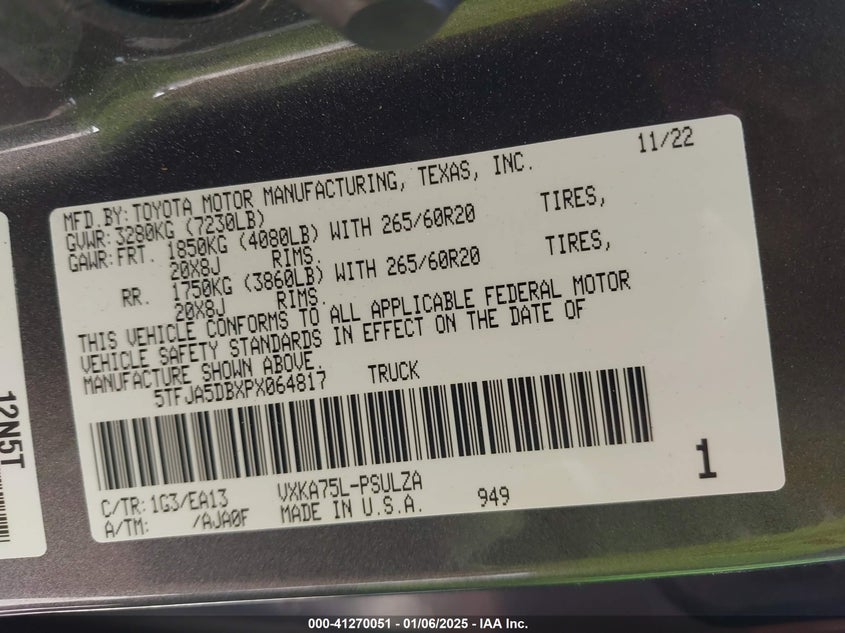 2023 TOYOTA TUNDRA VIN: 5TFJA5DBXPX064817