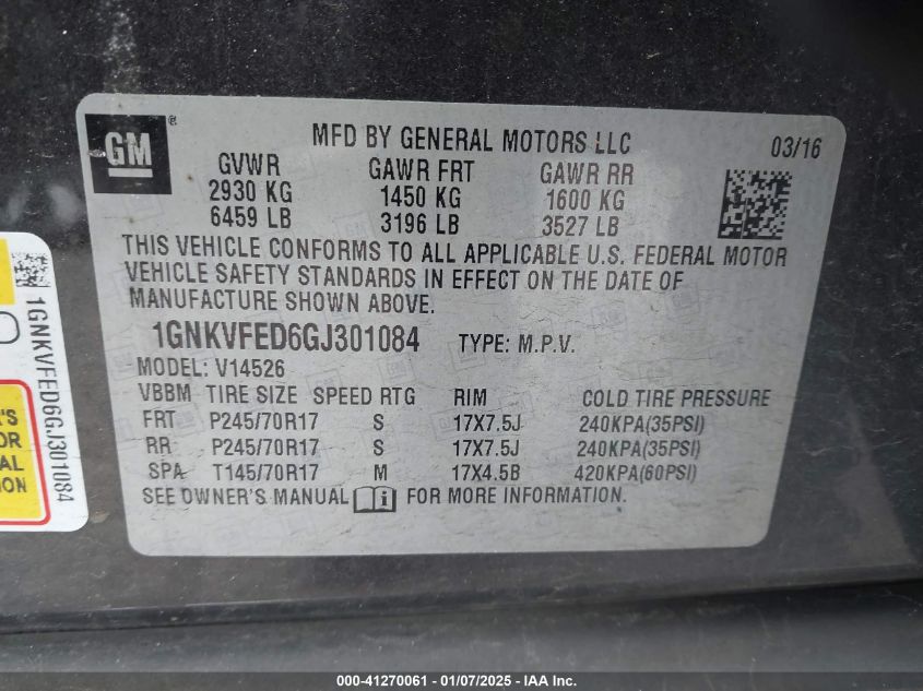 VIN 1GNKVFED6GJ301084 2016 CHEVROLET TRAVERSE no.9