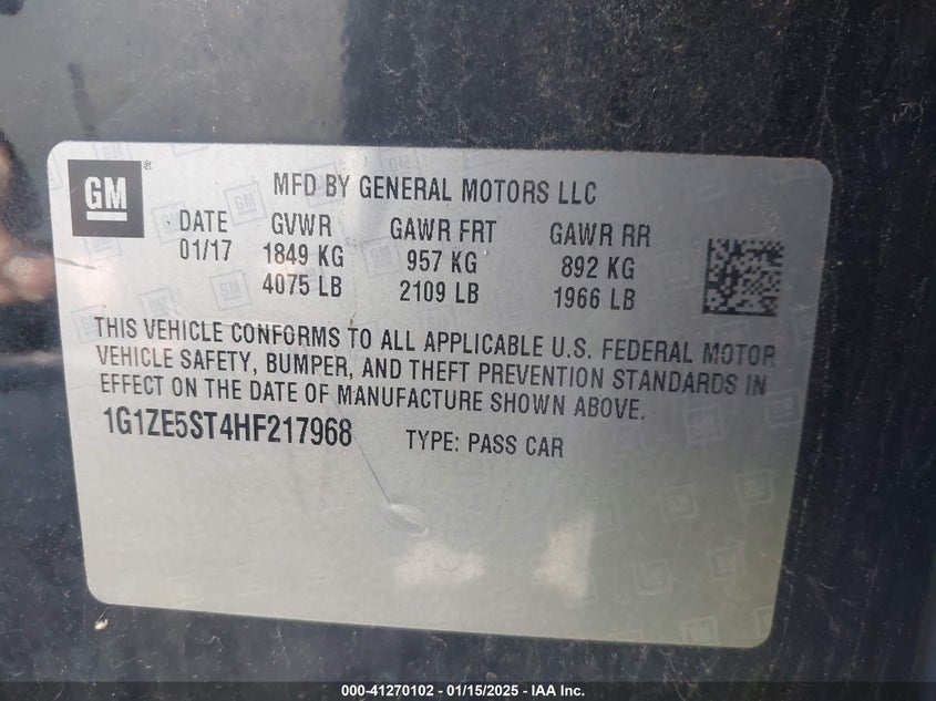 2017 CHEVROLET MALIBU VIN: 1G1ZE5ST4HF217968