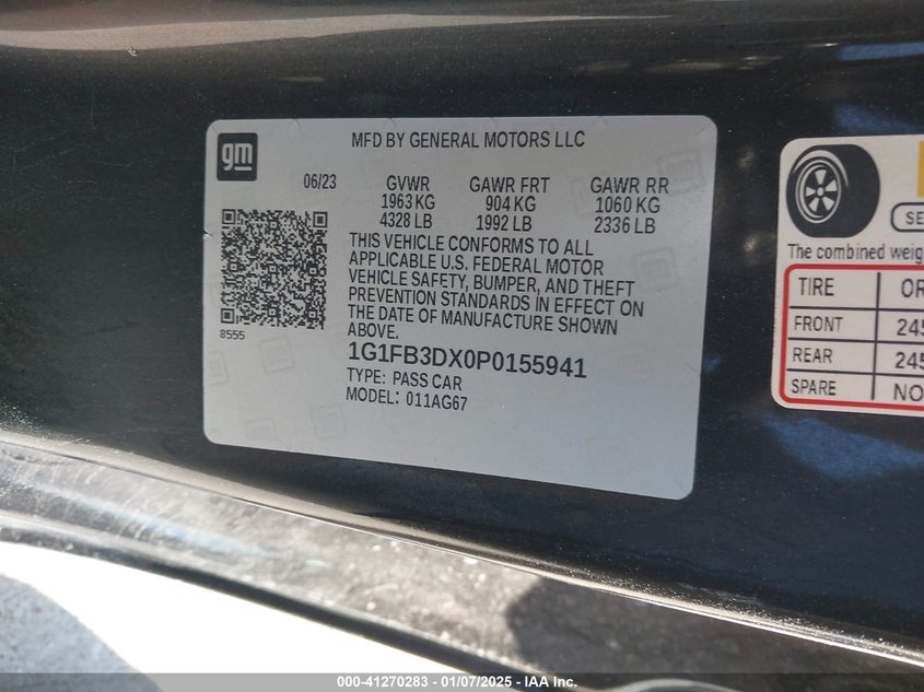 2023 CHEVROLET CAMARO VIN: 1G1FB3DX0P0155941