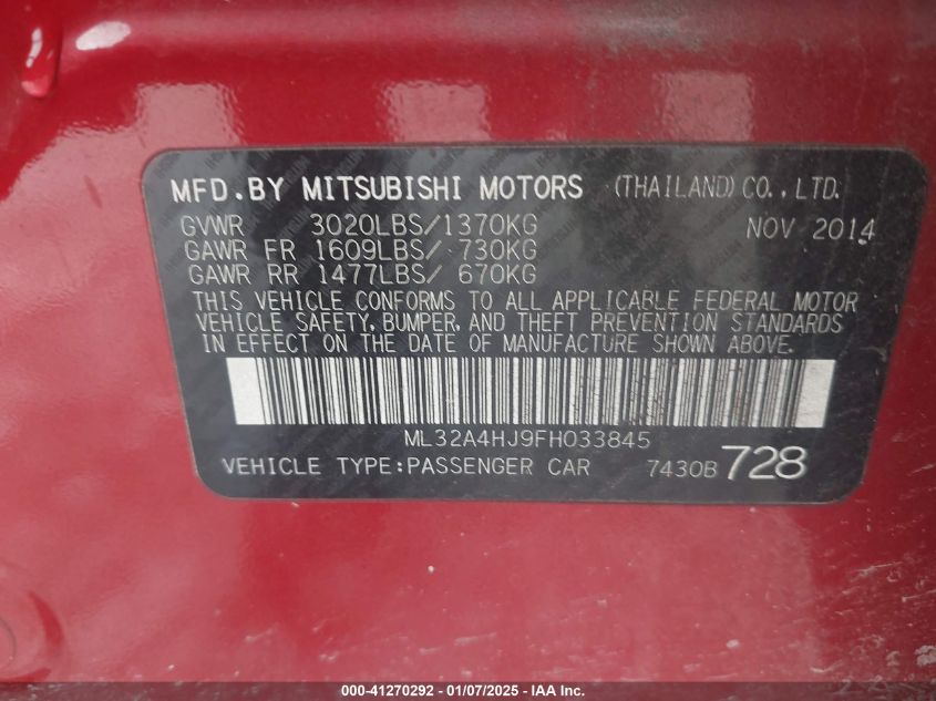 VIN ML32A4HJ9FH033845 2015 Mitsubishi Mirage, ES no.9