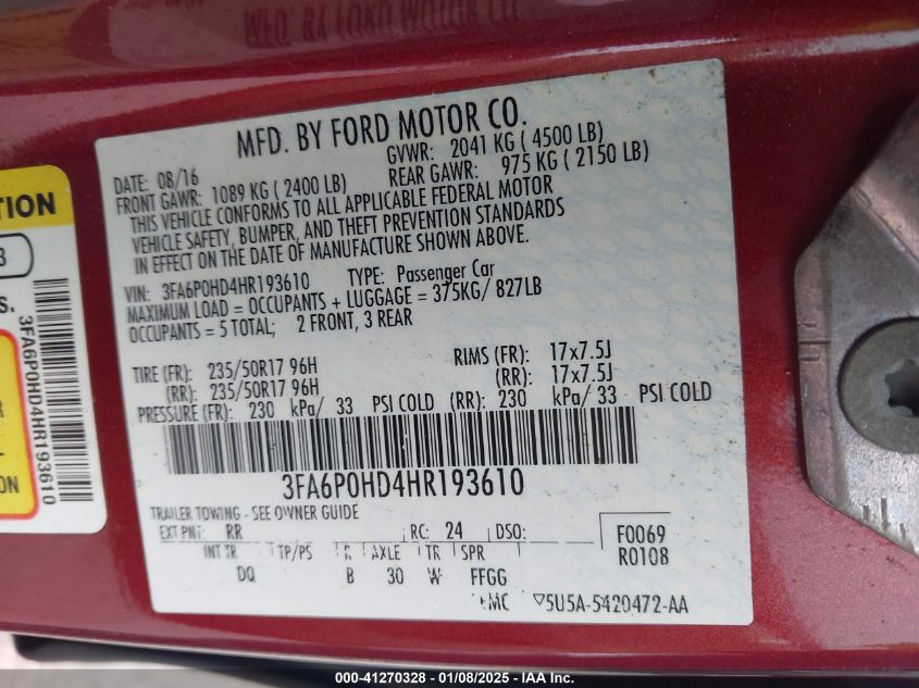 VIN 3FA6P0HD4HR193610 2017 Ford Fusion, SE no.9