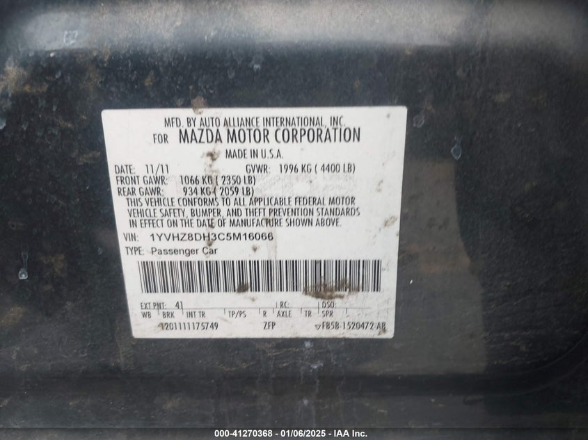 2012 MAZDA MAZDA6 VIN: 1YVHZ8DH3C5M16066