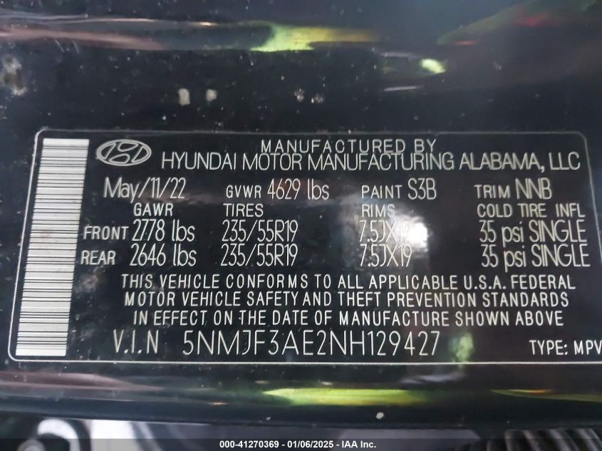 VIN 5NMJF3AE2NH129427 2022 Hyundai Tucson, Sel no.9