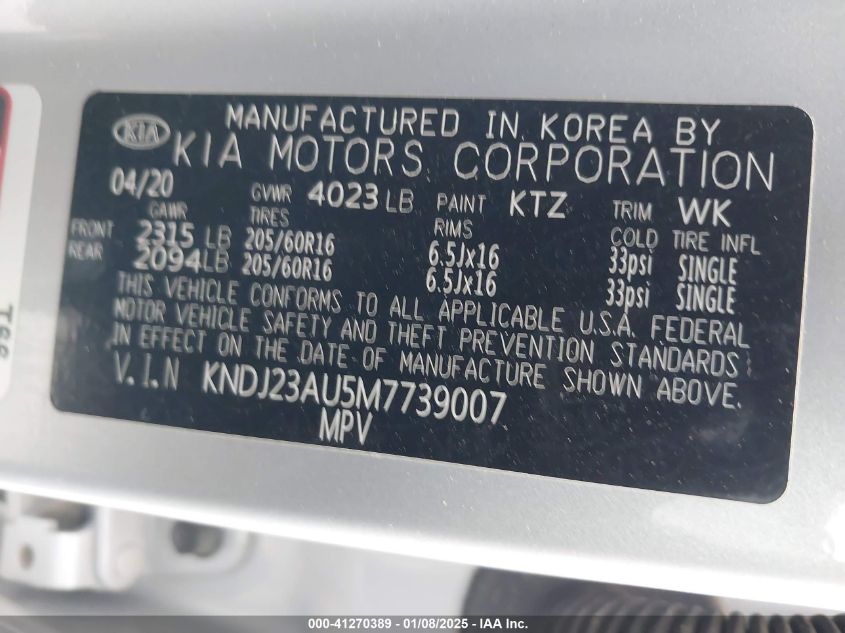 VIN KNDJ23AU5M7739007 2021 KIA SOUL no.9