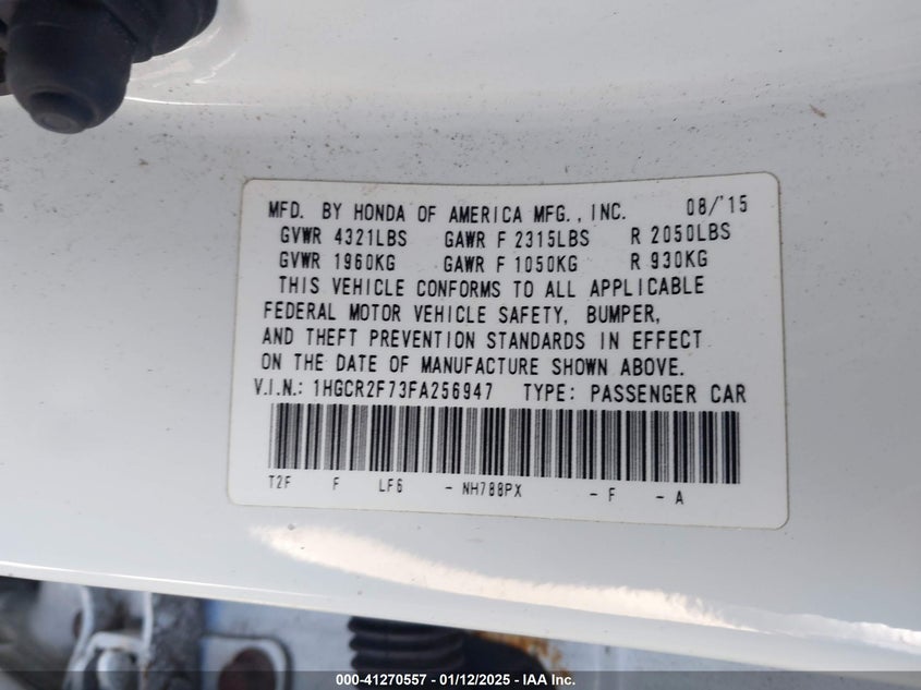 2015 HONDA ACCORD VIN: 1HGCR2F73FA256947