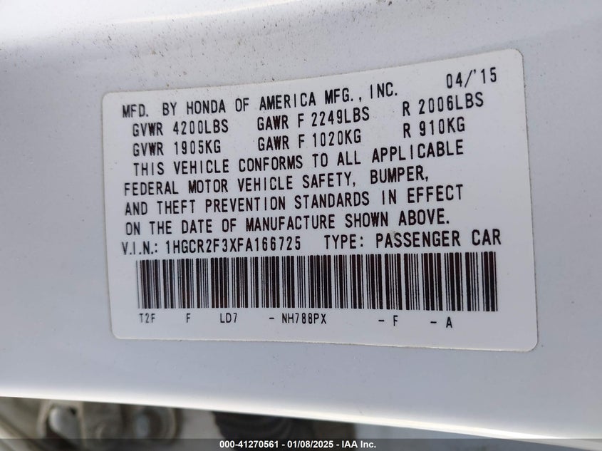 2015 HONDA ACCORD VIN: 1HGCR2F3XFA166725