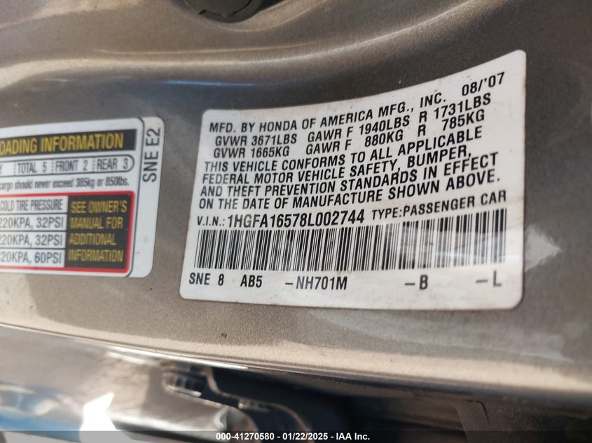 2008 HONDA CIVIC VIN: 1HGFA16578L002744