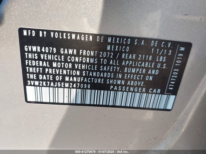 2014 VOLKSWAGEN JETTA VIN: 3VW2K7AJ5EM247096