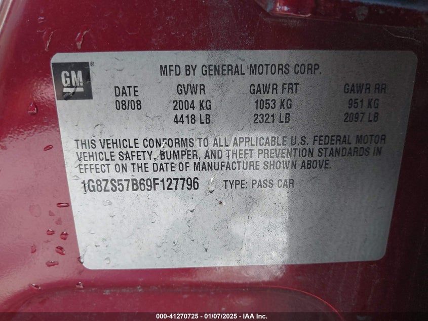 2009 SATURN AURA VIN: 1G8ZS57B69F127796
