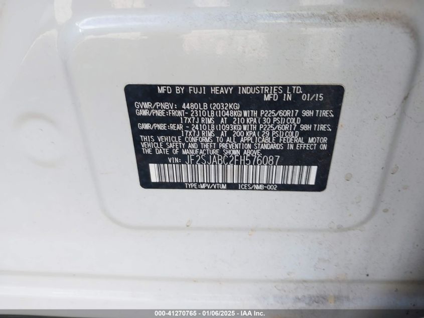 VIN JF2SJABC2FH576087 2015 Subaru Forester, 2.5I no.9